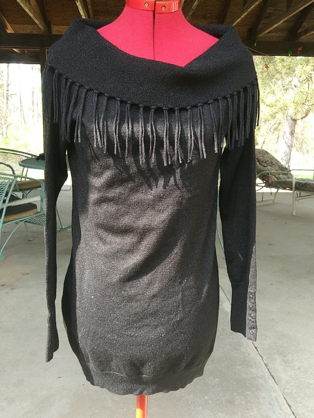 White House Black Market Black Fringe Off-Shoulder Sweater Top